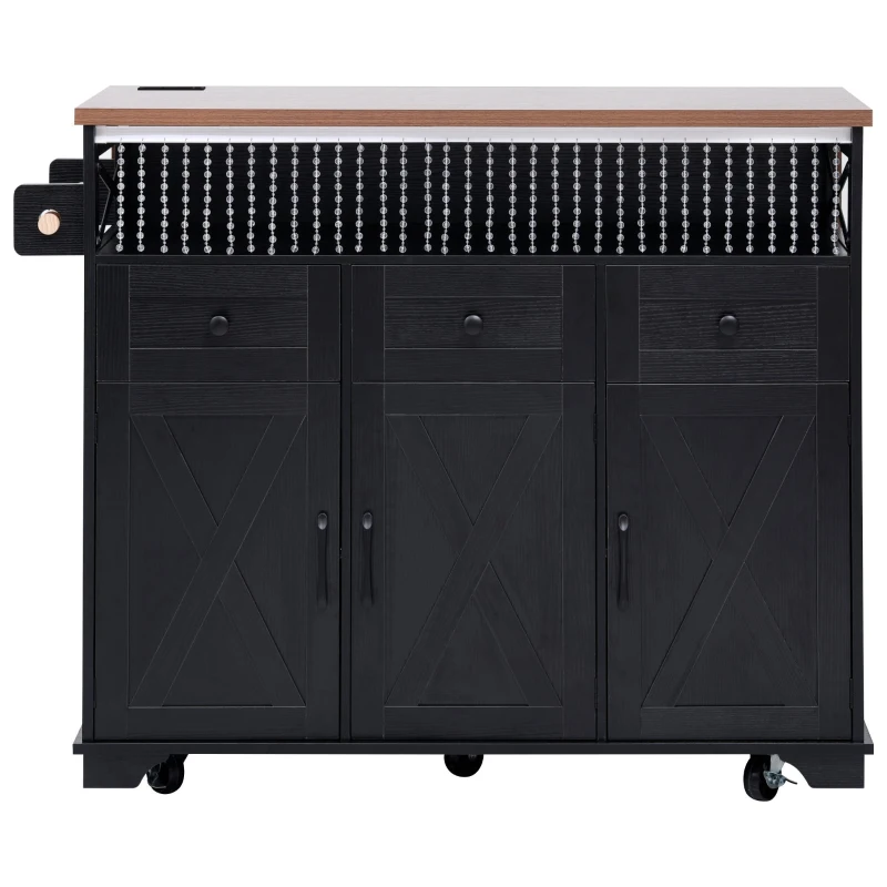 Farmhouse Kitchen Island Cart with Beaded Drape, Power Outlet, Drop Leaf, Adjustable Shelves, Perfect for Kitchen and Dining Room, Black