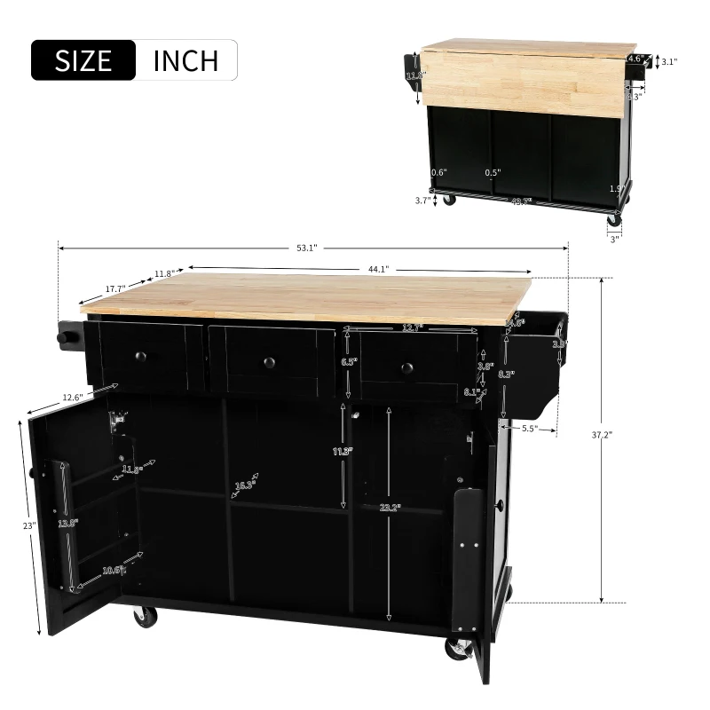 Kitchen Cart with 5 Wheels, 3 Drawers, Storage Cabinets, Central Island with Rubberwood Drop-Leaf Countertop, 53" L x 29.5" W x 37" H, Black(m-3)