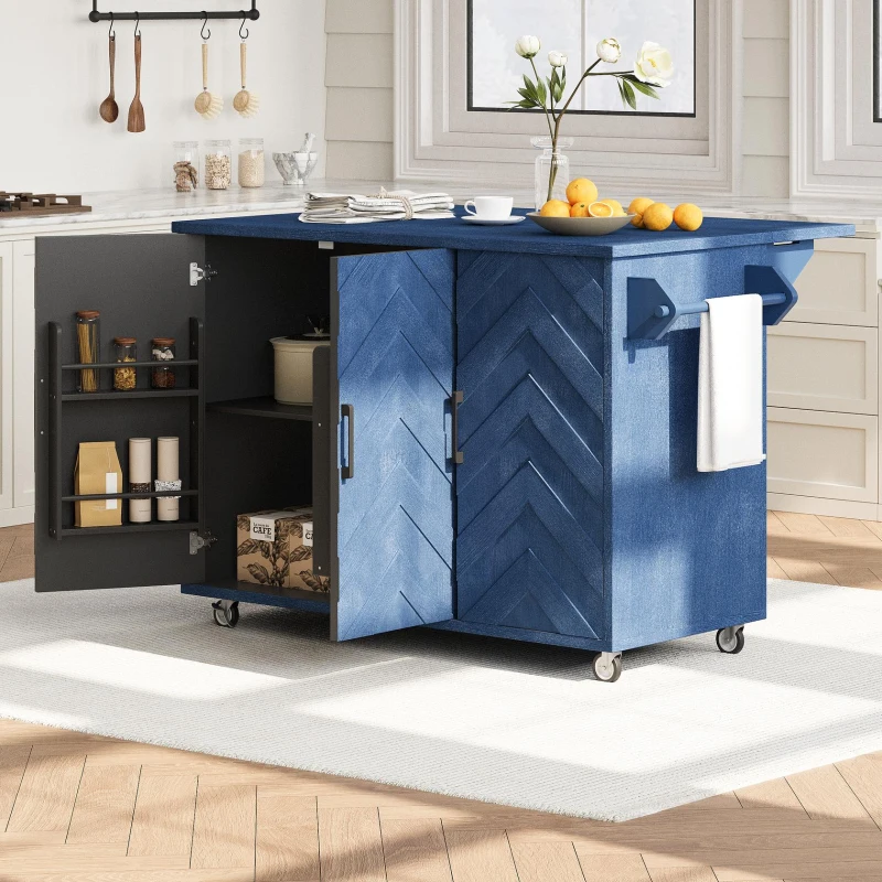 Farmhouse Kitchen Island with Drop Leaf, Rolling Cart on Wheels, 3D Wave Stripes Ash Veneer, Internal Rack, Adjustable Shelves, Navy Blue