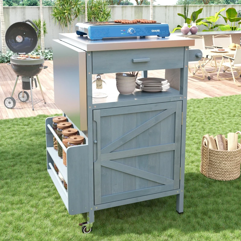 Outdoor Grill Cart with Stainless Steel Top, Storage Cabinet, Drop Leaf, Drawer, Towel Rack, Lockable Wheels, 40.5" L x 21" W x 36.3" H, Blue+Grey