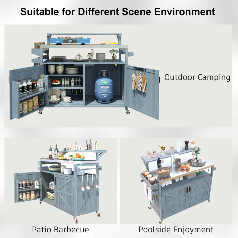 Outdoor Kitchen Island with Raised Shelf, Storage Cabinet, Stainless Steel Top, Rolling Grill Cart with Adjustable Shelves, Spice Rack, Grey+Blue
