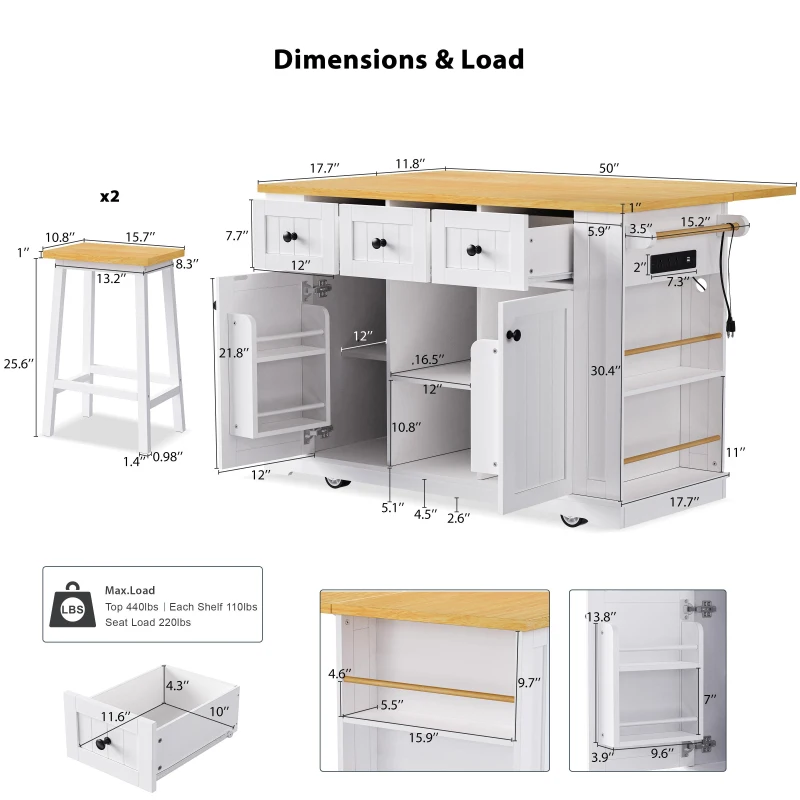 5-Wheel Kitchen Island Set with 2 Bar Stools, Shelves and Drawers, Power Outlet, Internal Rack, Utility Island with Drop Leaf, Bamboo Sticks, White