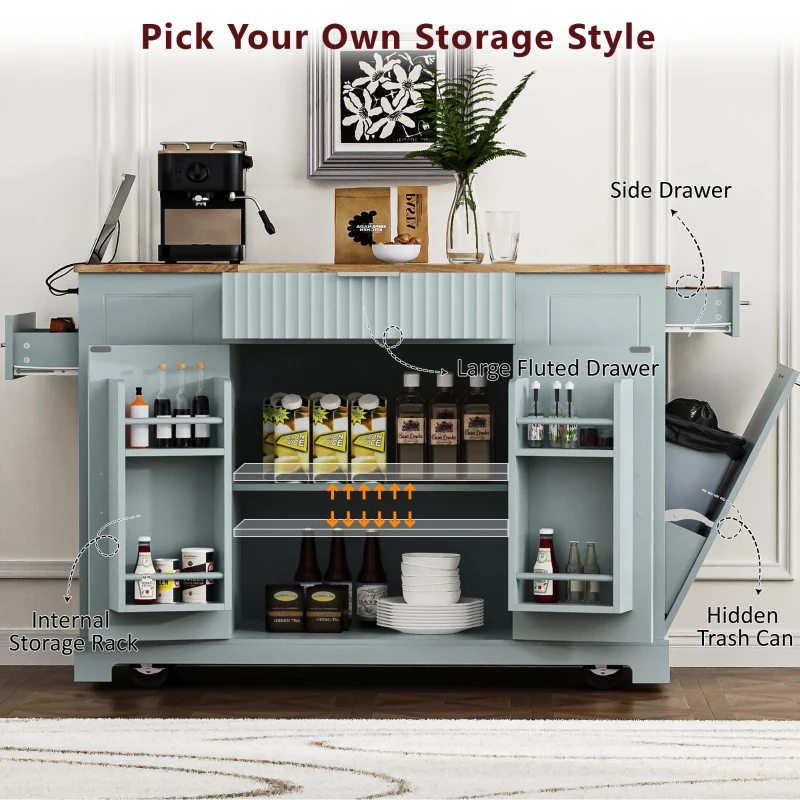 Fluted Kitchen Island with Trash Can Storage, Power Outlet, Adjustable Shelves, 3 Drawers, 3 Side Racks, 48.5" L x 20.5" W x 36.5" H, Gray+Blue
