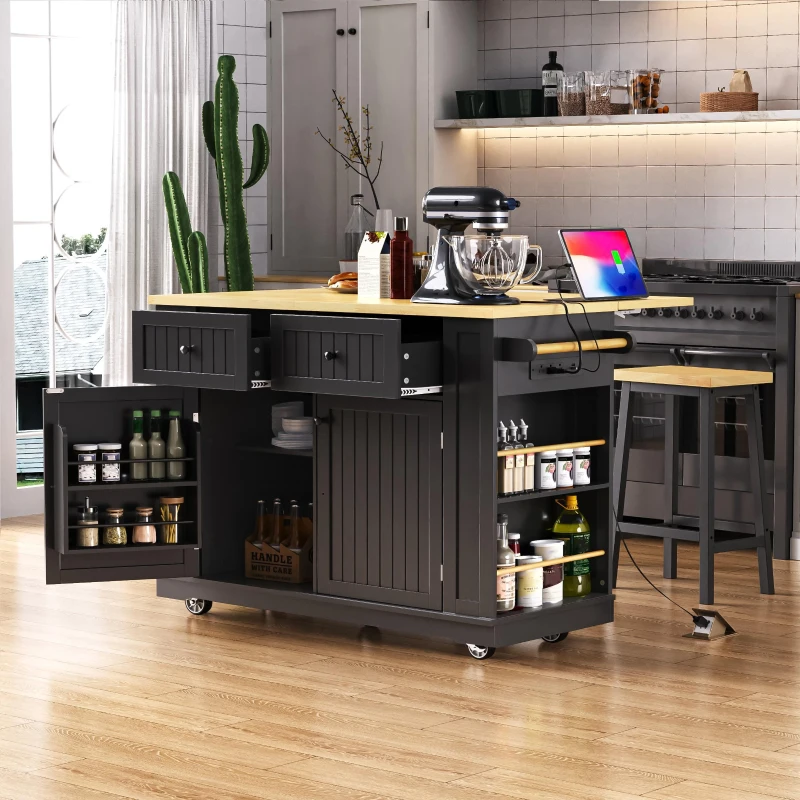 Kitchen Island with 2 Bar Stools, Power Outlet, Internal Rack, 5 Wheels, Drop Leaf, Adjustable Shelves, 2 Drawers, 48" L x 29.5" W x 37" H, Black