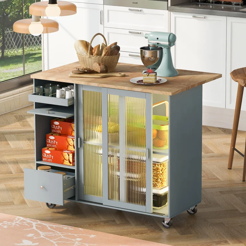 Kitchen Island with Wood Drop Leaf, LED Light, Fluted Glass Doors, Adjustable Shelf, Utility Cart with Rolling Wheels, 44" L x 27" W x 37" H, Blue