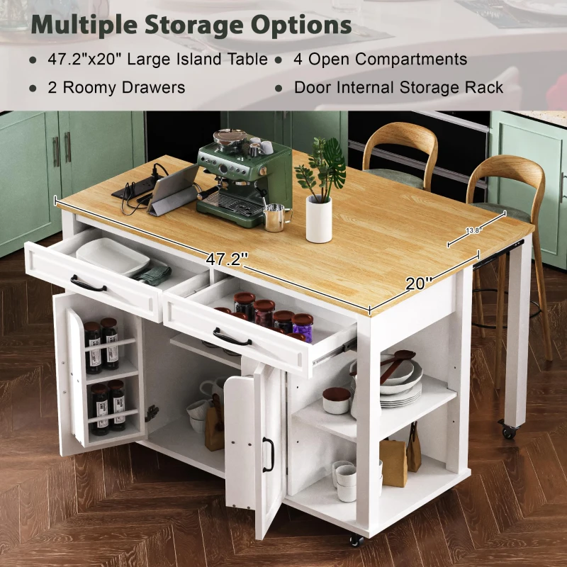Kitchen Island with Extendable Dining Table, Rubber Wood Veneer, Internal Rack, Power Outlet, 2 Drawers, 2 Cabinets, 47" L x 33.5" W x 37" H, White