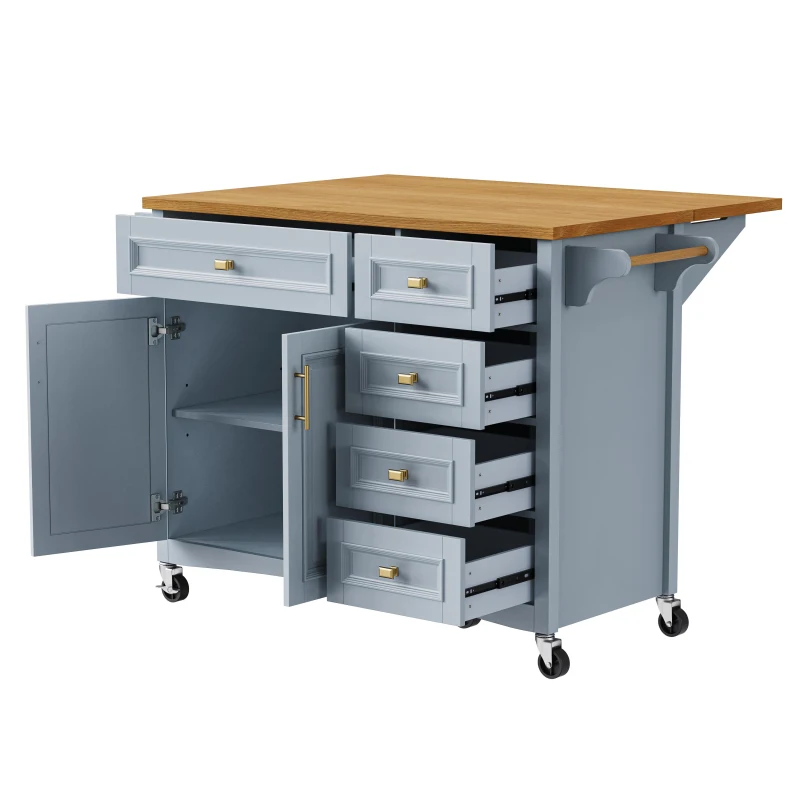 Kitchen Island with Drop Leaf, Towel Rack, 5 Drawers, Adjustable Shelf, Mobile Cart on Wheels with Spice Rack, 52" L x 29.5" W x 36" H, Blue+Grey