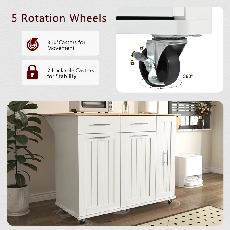 Kitchen Island Cart with 3-Tier Pull-Out Cabinet Organizer, Drop Leaf, Adjustable Shelves, Rolling Cart with Towel Rack, 46" L x 29.5" W x 37" H, White