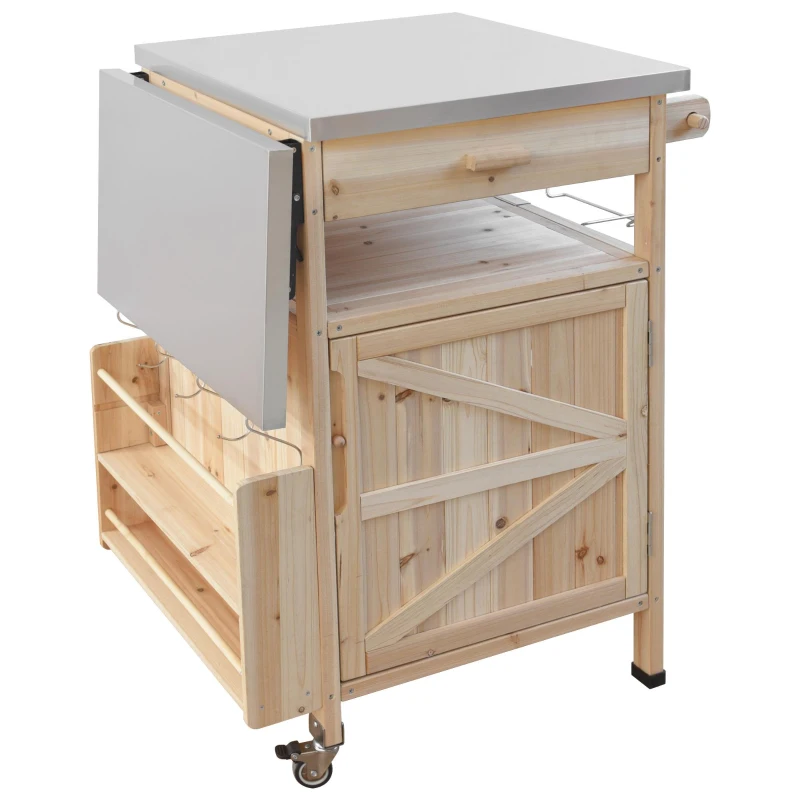 Outdoor Grill Cart with Stainless Steel Top, Storage Cabinet, Drop Leaf, Drawer, Towel Rack, Lockable Wheels, 40.5" L x 21" W x 36.3" H, Natural