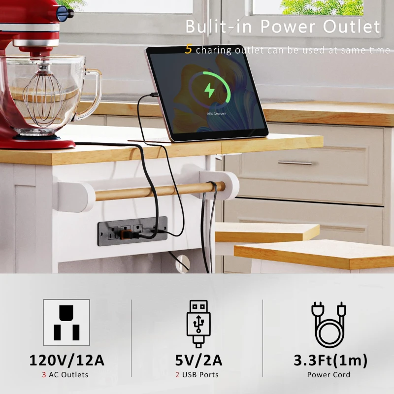 5-Wheel Kitchen Island Set with 2 Bar Stools, Shelves and Drawers, Power Outlet, Internal Rack, Utility Island with Drop Leaf, Bamboo Sticks, White