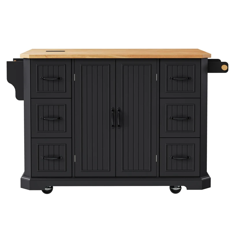 Rolling Kitchen Island Cart with Drop Leaf, Power Outlet, 4 Door Shelves, 6 Drawers, Adjustable Shelves, Spice Rack, 55.5" L x 30" W x 36" H, Black