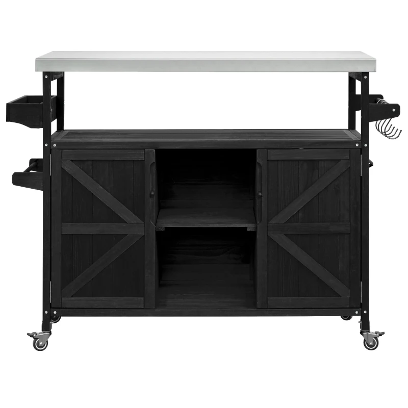 Outdoor Kitchen Island Cart, Rolling Bar Cart with Stainless Steel Top, Spice Rack, Towel Rack, Lockable Wheels, 50" L x 18.5" W x 36.5" H, Black