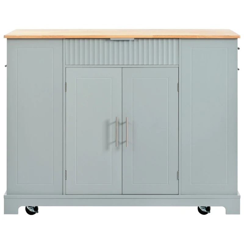 Fluted Kitchen Island with Trash Can Storage, Power Outlet, Adjustable Shelves, 3 Drawers, 3 Side Racks, 48.5" L x 20.5" W x 36.5" H, Gray+Blue