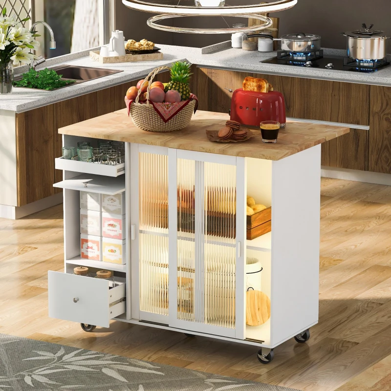 Kitchen Cart with Drop Leaf, LED Light, Sliding Glass Doors, Adjustable Shelf, Central Island with Rolling Wheels, 44" L x 27" W x 37" H, White