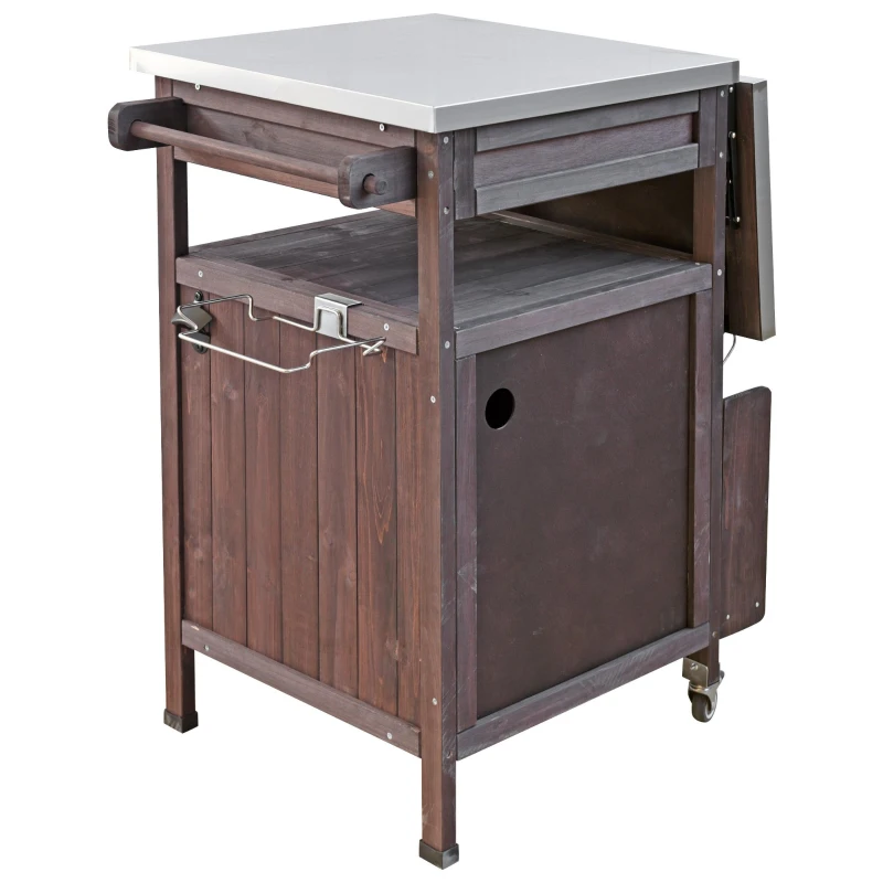 Outdoor Grill Cart with Stainless Steel Top, Storage Cabinet, Drop Leaf, Drawer, Towel Rack, Lockable Wheels, 40.5" L x 21" W x 36.3" H, Brown