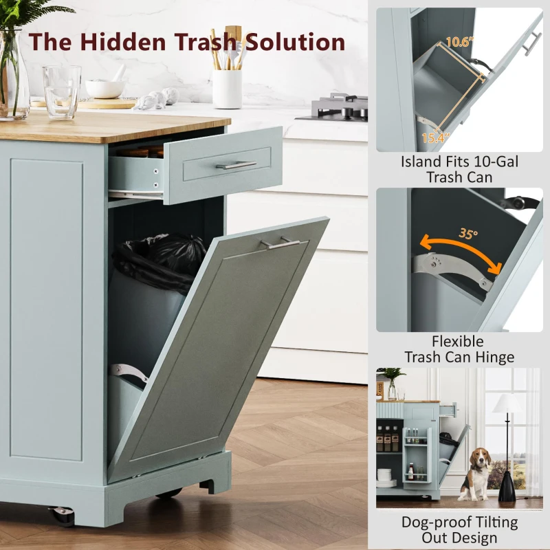 Fluted Kitchen Island with Trash Can Storage, Power Outlet, Adjustable Shelves, 3 Drawers, 3 Side Racks, 48.5" L x 20.5" W x 36.5" H, Gray+Blue