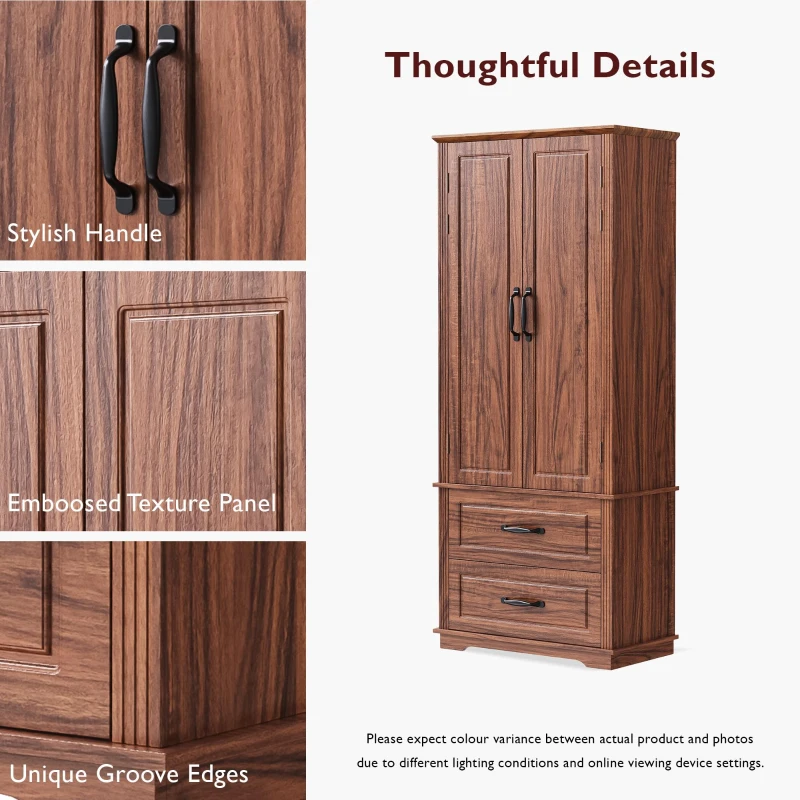 Farmhouse Kitchen Pantry Cabinet, Freestanding Cupboard with 2 Large Drawers, 8 Door Shelves, Adjustable Shelves, Anti-Tip Kit, Brown