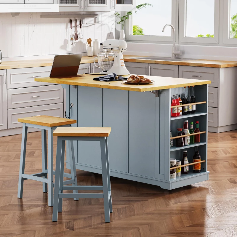 Kitchen Island Cart with Drop Leaf, Power Outlet, Internal Storage Rack, Rolling on 5 Wheels, Adjustable Shelves, and Bamboo Sticks, Gray+Blue