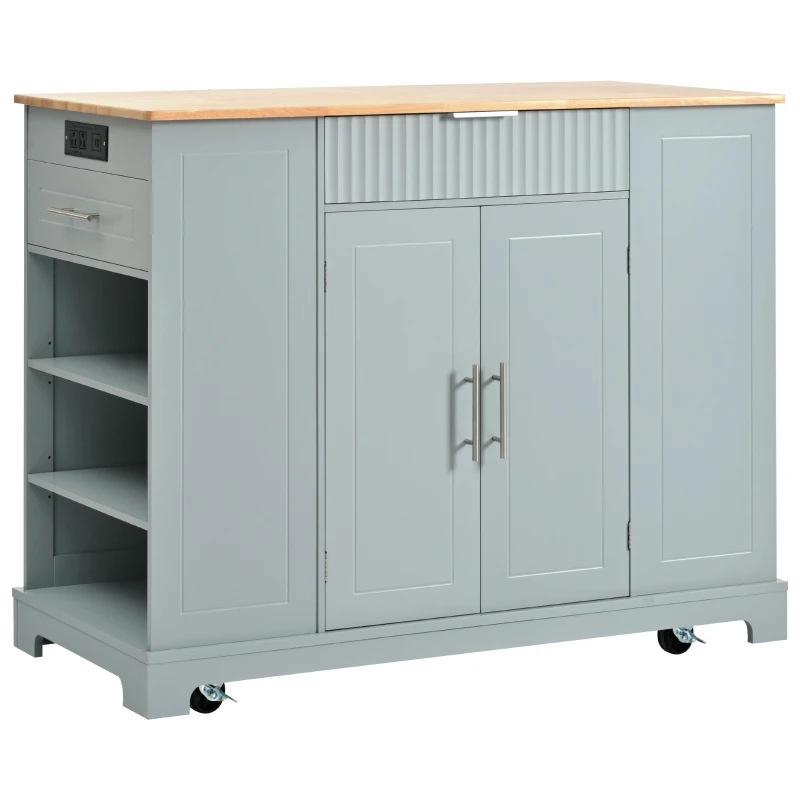 Fluted Kitchen Island with Trash Can Storage, Power Outlet, Adjustable Shelves, 3 Drawers, 3 Side Racks, 48.5" L x 20.5" W x 36.5" H, Gray+Blue