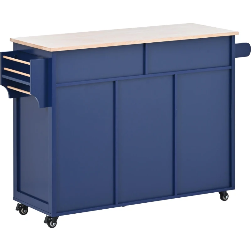 Mobile Kitchen Cart with 8 Handle-Free Drawers, 5 Wheels, Flatware Organizer, Central Island with Wood Countertop, 53" L x 18.5" W x 37" H, Blue