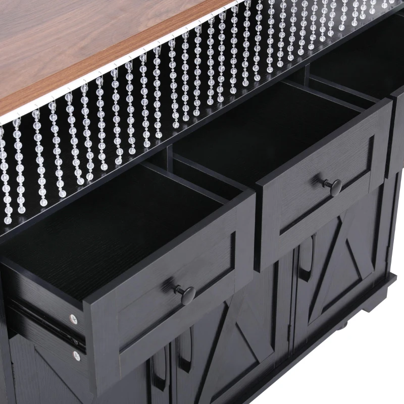 Farmhouse Kitchen Island Cart with Beaded Drape, Power Outlet, Drop Leaf, Adjustable Shelves, Perfect for Kitchen and Dining Room, Black