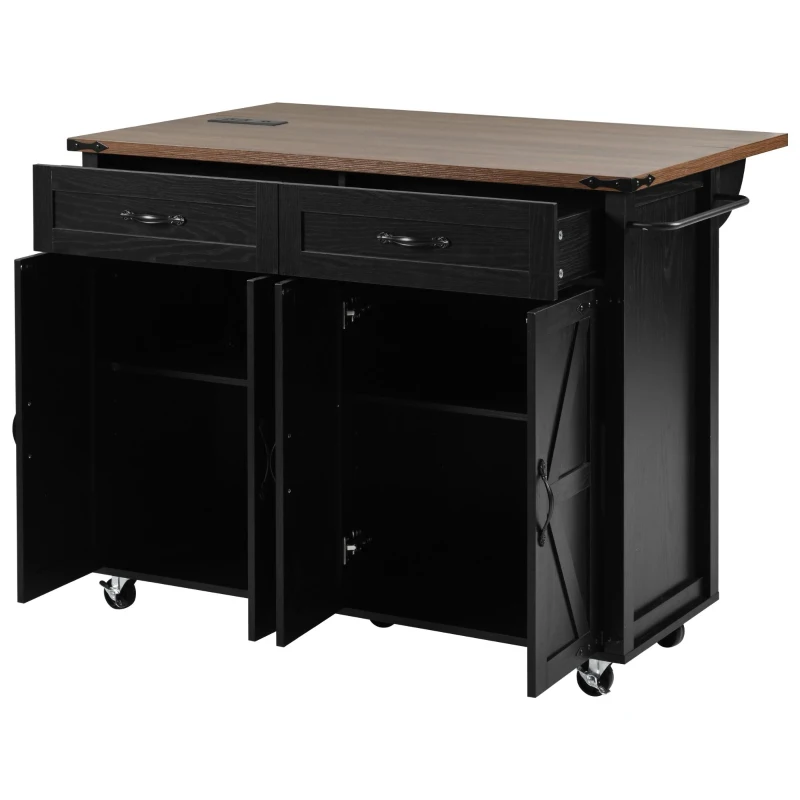 Farmhouse Kitchen Island with Storage Drawers, Power Outlet, Drop Leaf, Spice Rack, Rolling Cart on Wheels, 53.5" L x 29" W x 36.5" H, Black