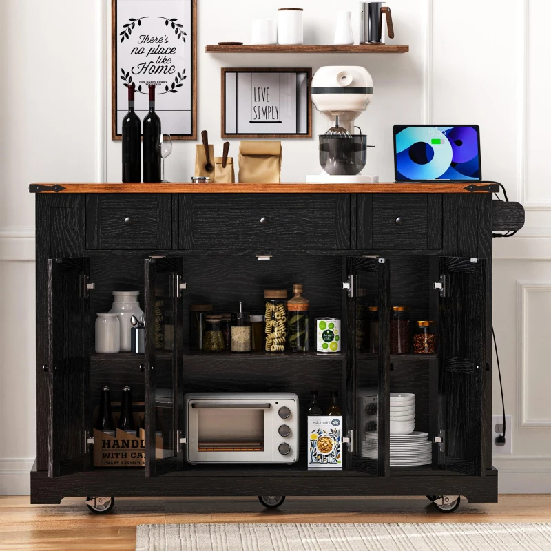 Farmhouse Kitchen Island with Tempered Glass Doors, Power Outlet, Rolling Cart with Drop Leaf, 5 Racks, 3 Drawers, 53" L x 29.5" W x 36" H, Black