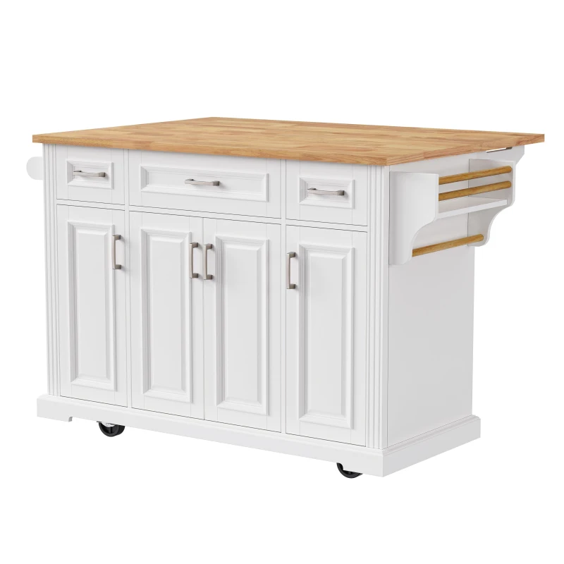 Kitchen Island Cart with Drop Leaf, 3 Drawers, Spice Rack, Rolling Kitchen Cart with Adjustable Shelves, 54" L x 29.5" W x 36" H, White