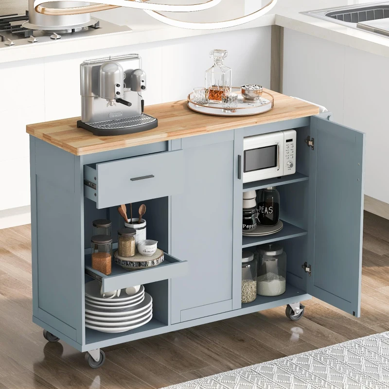 Kitchen Island Cart with Foldable Countertop, Adjustable Shelves, Towel Rack, Drawer, and Lockable Wheels, 49" L x 33.2" W x 37.5" H, Gray+Blue