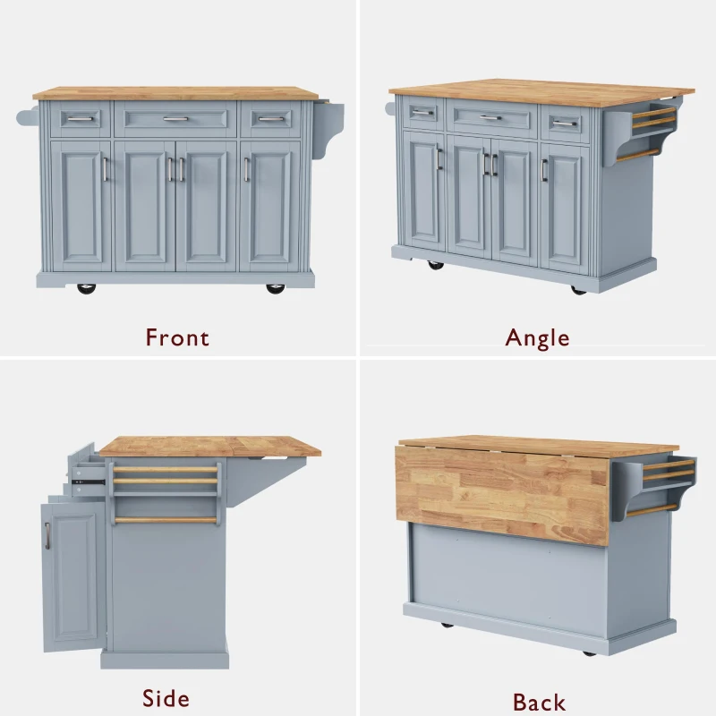 Kitchen Island Cart with Rubber Wood Drop Leaf, Embossed Texture, Adjustable Shelves, Hidden Wheels, 3 Drawers, 54" L x 29.5" W x 36" H, Grey+Blue