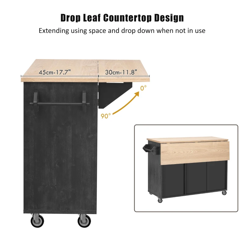 Farmhouse Kitchen Island with Drop Leaf, Internal Racks, Adjustable Shelves, Rolling Cart on Wheels with Towel Rack, 51" L x 29.5" W x 36" H, Black