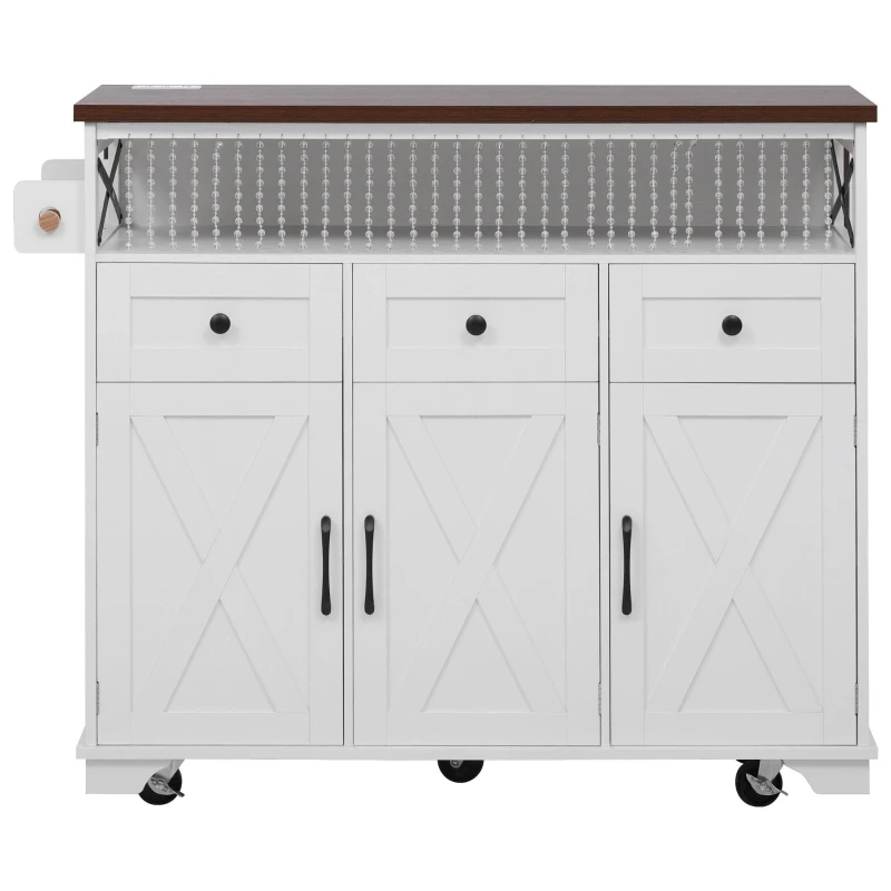 Farmhouse Kitchen Island Cart with Beaded Drape, Power Outlet, Drop Leaf, Rolling Wheels, 3 Doors, 3 Drawers, Adjustable Shelves, White