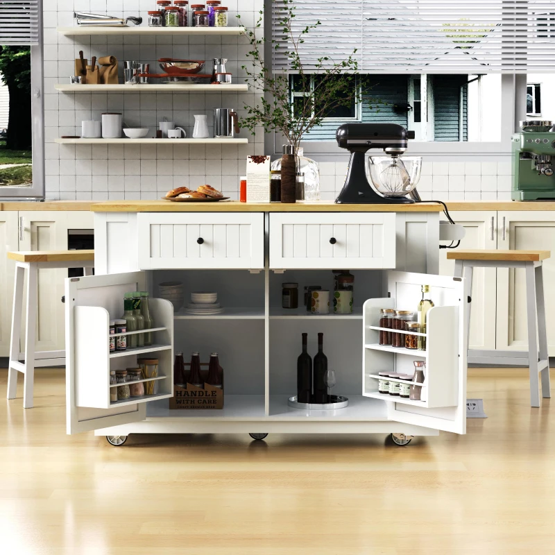 Kitchen Island with 2 Bar Stools, Power Outlet, Internal Rack, 5 Wheels, Drop Leaf, 2 Drawers, Adjustable Shelves, 48" L x 29.5" W x 37" H, White