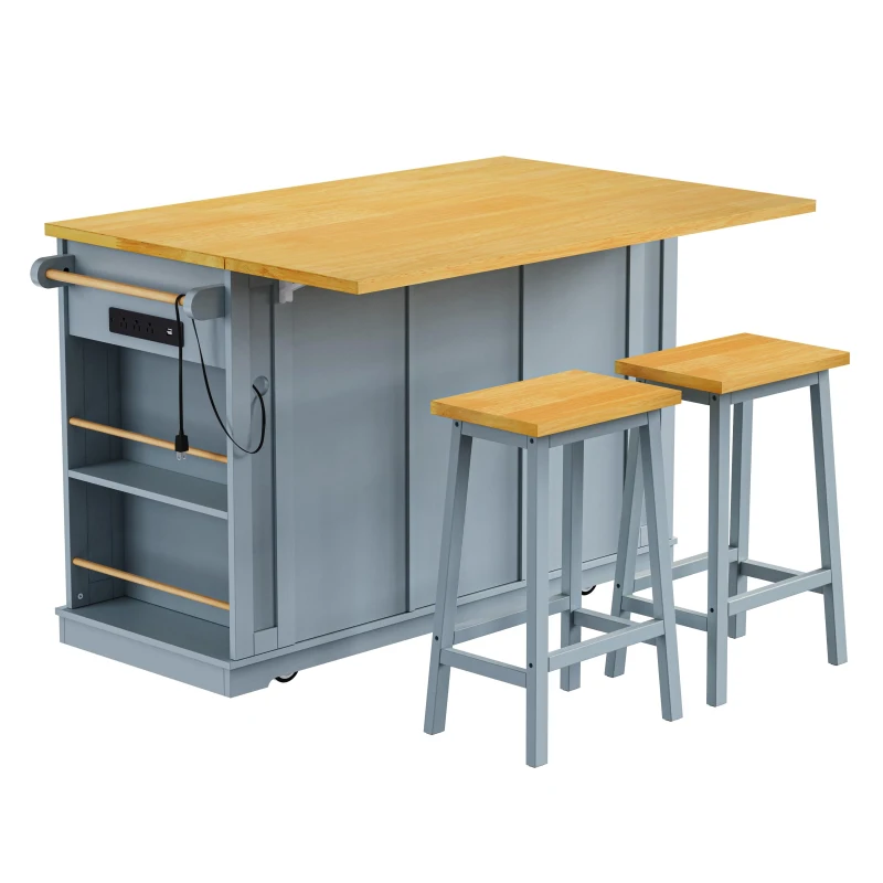 Kitchen Island with 2 Bar Stools, Power Outlet, Internal Racks, 5 Wheels, Drop Leaf, Adjustable Shelves, 53" L x 29.5" W x 36.5" H, Gray+Blue