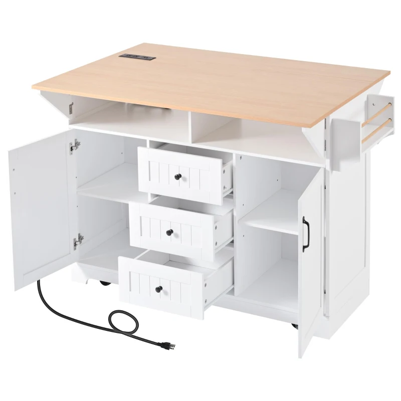 Kitchen Island Cart with Dual Drop Leaf, Power Outlet, Adjustable Shelves, Spice and Towel Rack, 3 Drawers, 56" L x 34" W x 36.5" H, White