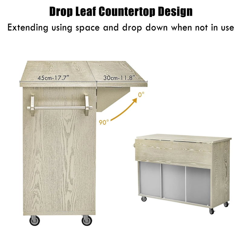 Kitchen Island Cart with Drop Leaf, Handwoven Ash Veneer Doors, Adjustable Shelves, and Lockable Wheels, 51" L x 29.5" W x 36" H, Champagne