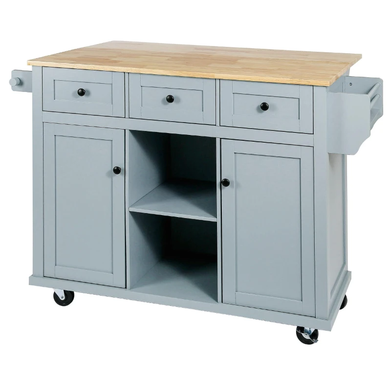 Kitchen Cart with Wood Drop-Leaf Countertop, Internal Storage Racks, Utility Island with Cabinets and Drawers, 53" L x 29.5" W x 37" H, Blue