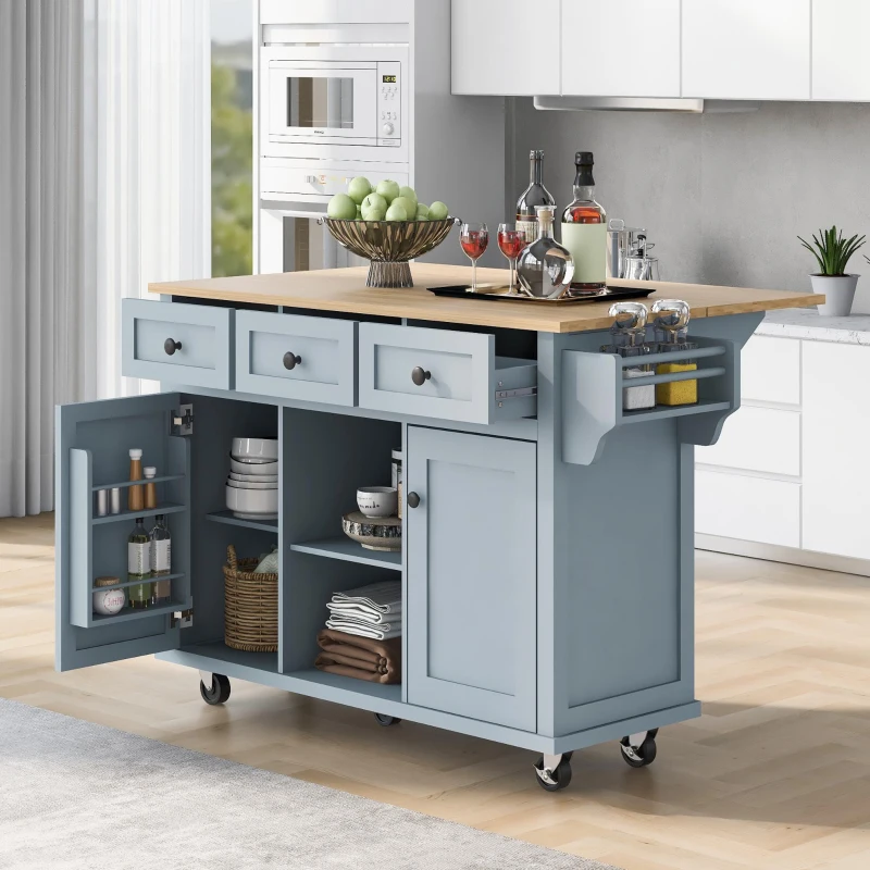 Kitchen Cart with Wood Drop-Leaf Countertop, Internal Storage Racks, Utility Island with Cabinets and Drawers, 53" L x 29.5" W x 37" H, Blue