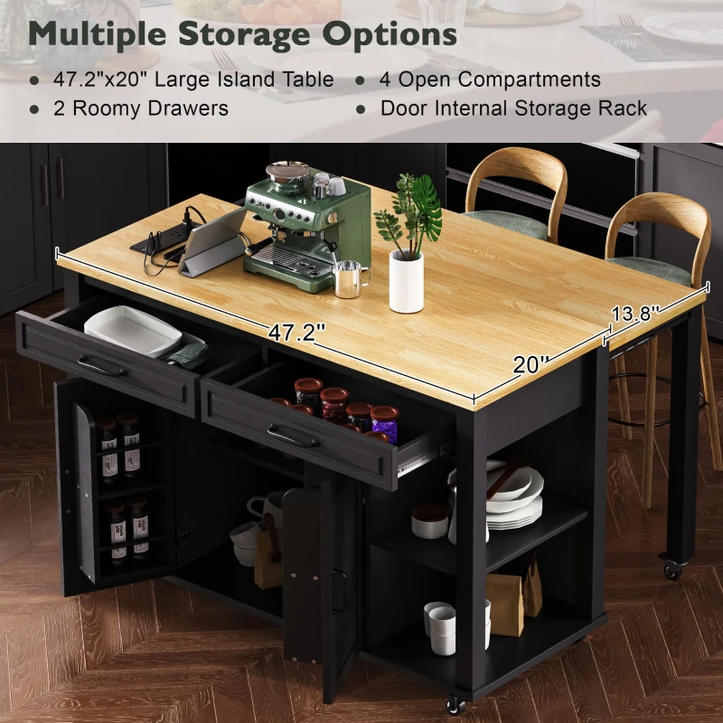 Kitchen Island with Extendable Dining Table, Rubber Wood Veneer, Internal Rack, Power Outlet, Drawers and Cabinets, 47" L x 33.5" W x 37" H, Black