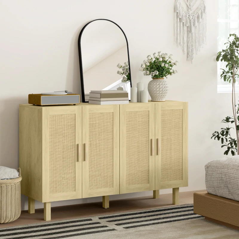 HOMCOM Boho Sideboard Buffet Cabinet, Storage Cabinet with 4 Rattan Doors and Adjustable Shelves, Natural