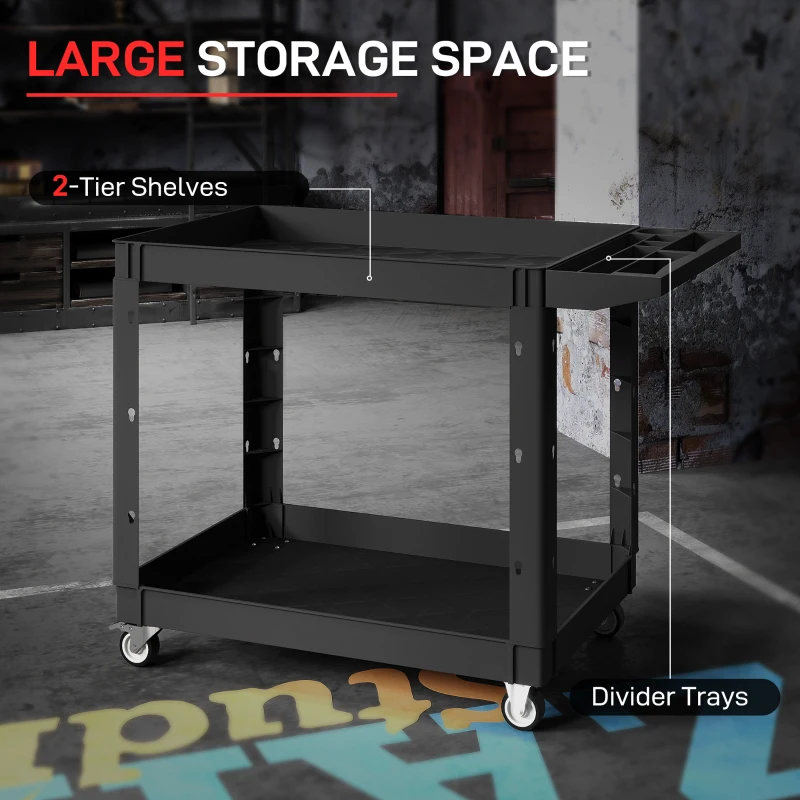 HOMCOM 2-Tier Rolling Tool Cart with Wheels, 500 LBS Capacity Plastic Utility Cart with Handle for Garage, Warehouse, Black