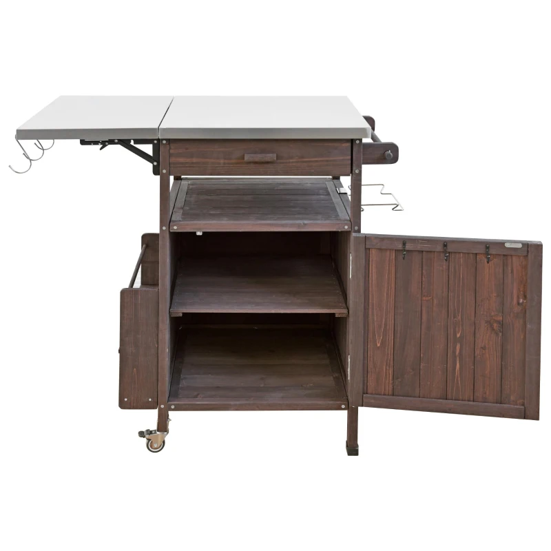 Outdoor Grill Cart with Stainless Steel Top, Storage Cabinet, Drop Leaf, Drawer, Towel Rack, Lockable Wheels, 40.5" L x 21" W x 36.3" H, Brown
