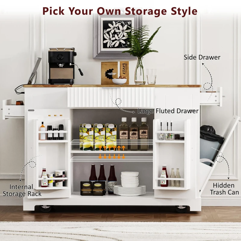 Fluted Kitchen Island with Trash Can Storage, Power Outlet, Internal Rack, Rolling Cart on 5 Wheels with 3 Drawers, 3 Open Side Racks, White