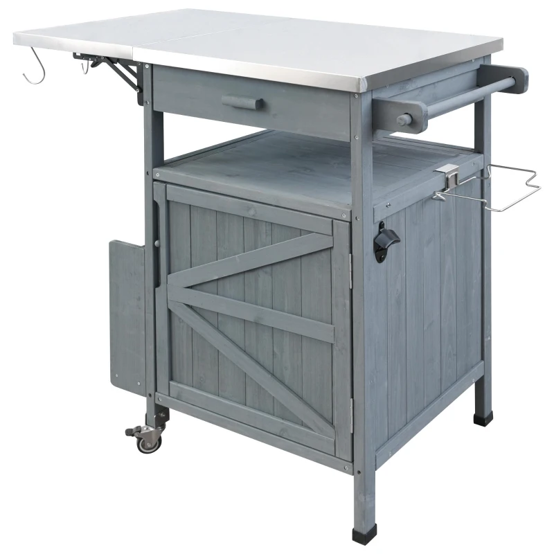 Outdoor Grill Cart with Stainless Steel Top, Storage Cabinet, Drop Leaf, Drawer, Towel Rack, Lockable Wheels, 40.5" L x 21" W x 36.3" H, Blue+Grey