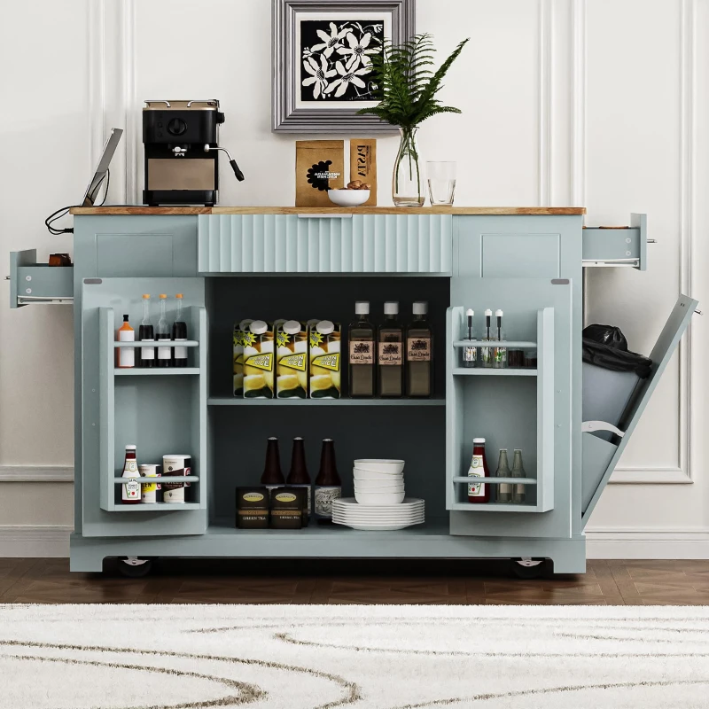 Fluted Kitchen Island with Trash Can Storage, Power Outlet, Adjustable Shelves, 3 Drawers, 3 Side Racks, 48.5" L x 20.5" W x 36.5" H, Gray+Blue