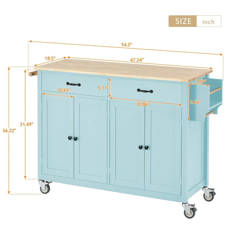 Kitchen Cart with 4-Door Cabinet, 2 Locking Wheels, Shelves and Racks, Cooking Island with Wood Top, 54.5" L x 18.5" W x 36" H, Mint Green