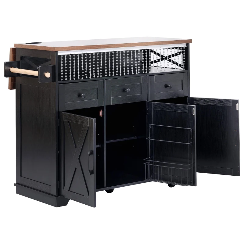 Farmhouse Kitchen Island Cart with Beaded Drape, Power Outlet, Drop Leaf, Adjustable Shelves, Perfect for Kitchen and Dining Room, Black