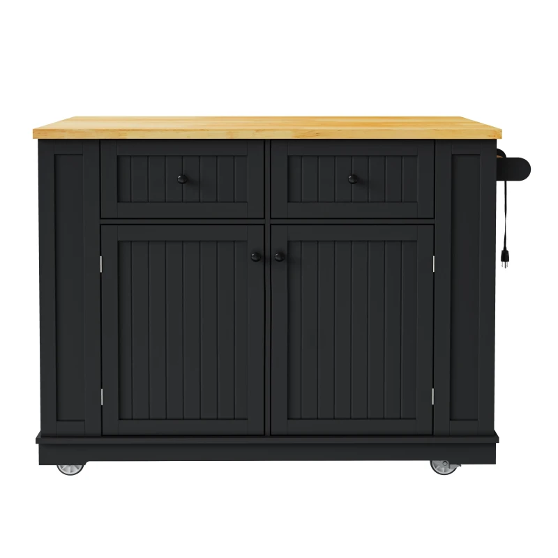 Kitchen Island Cart with Drop Leaf and Power Outlet, Internal Rack, Rolling Kitchen Storage on 5 Wheels, 48" L x 30" W x 37" H, Black