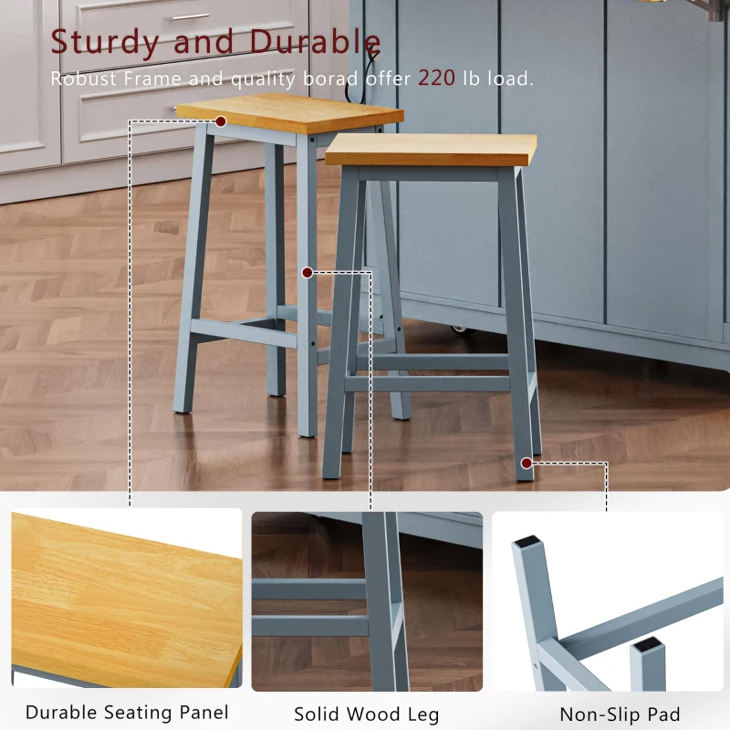Kitchen Island with 2 Bar Stools, Power Outlet, Internal Racks, 5 Wheels, Drop Leaf, Adjustable Shelves, 53" L x 29.5" W x 36.5" H, Gray+Blue