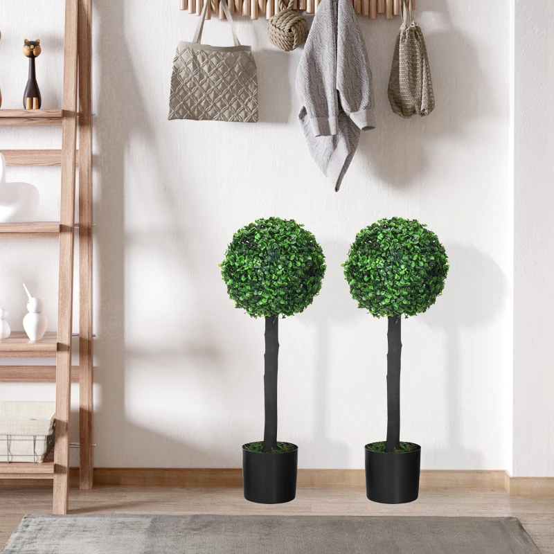 HOMCOM 2ft Artificial Plants Boxwood Ball Trees Set of 2 Fake Trees in Pot for Indoor Outdoor Green
